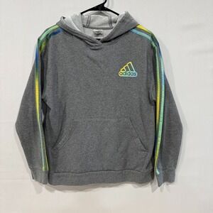 Adidas Hoodie GIrl's‎ Large Gray Pullover Rainbow Stripe Logo Athletic Fit